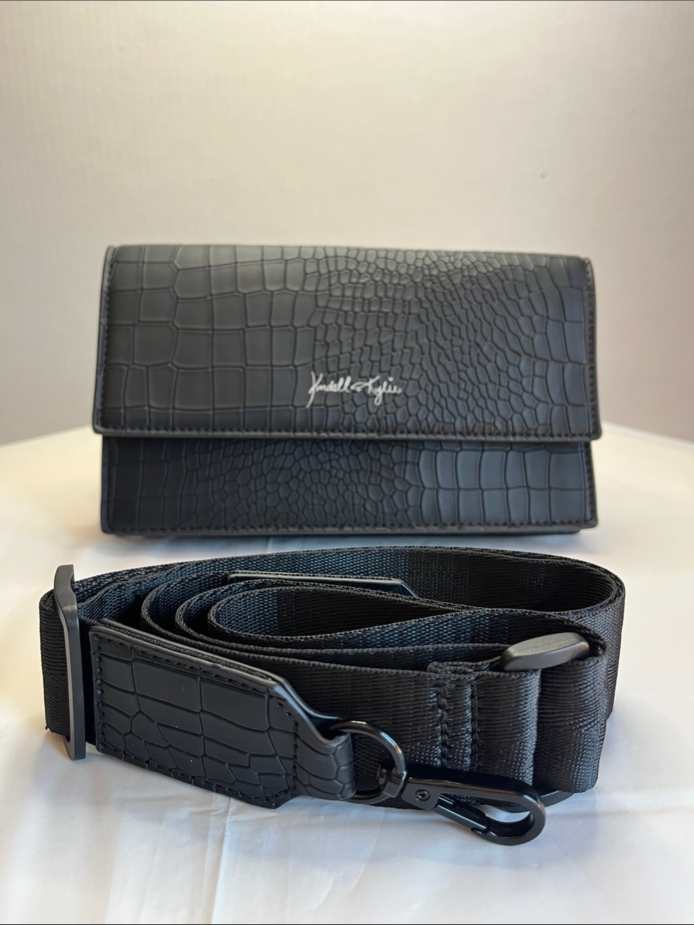 Kendall & Kylie Black Croc-Embossed Convertible Crossbody with Wide Strap